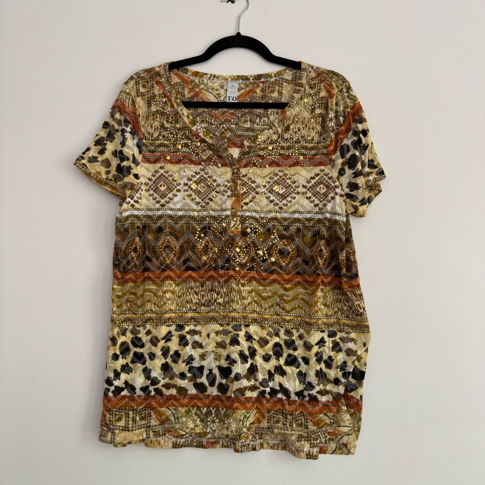 T.O. Womens XL Animal Print Studded Split Neck Short Sleeve Top Brown Gold Boho